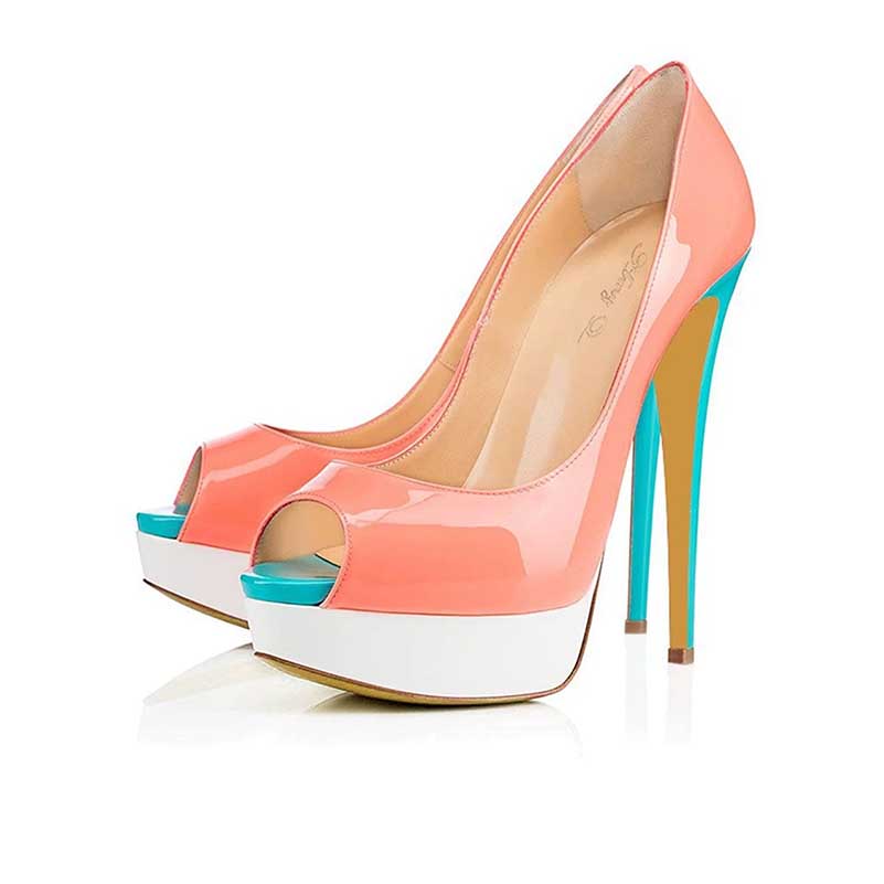 Women's platform peep toe pumps in coral and teal with a glossy finish