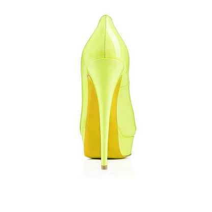 Women's platform peep toe pumps in bright yellow with sleek stiletto heels