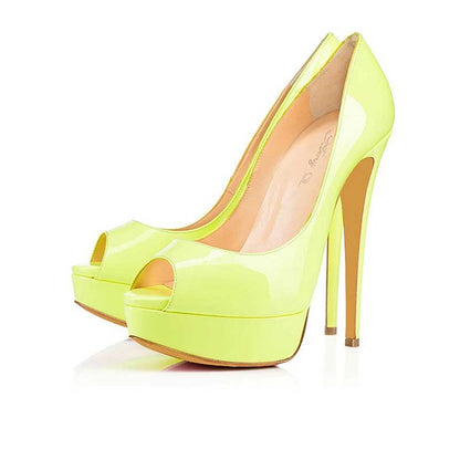 Bright yellow women's platform peep toe pumps with high heels for stylish occasions