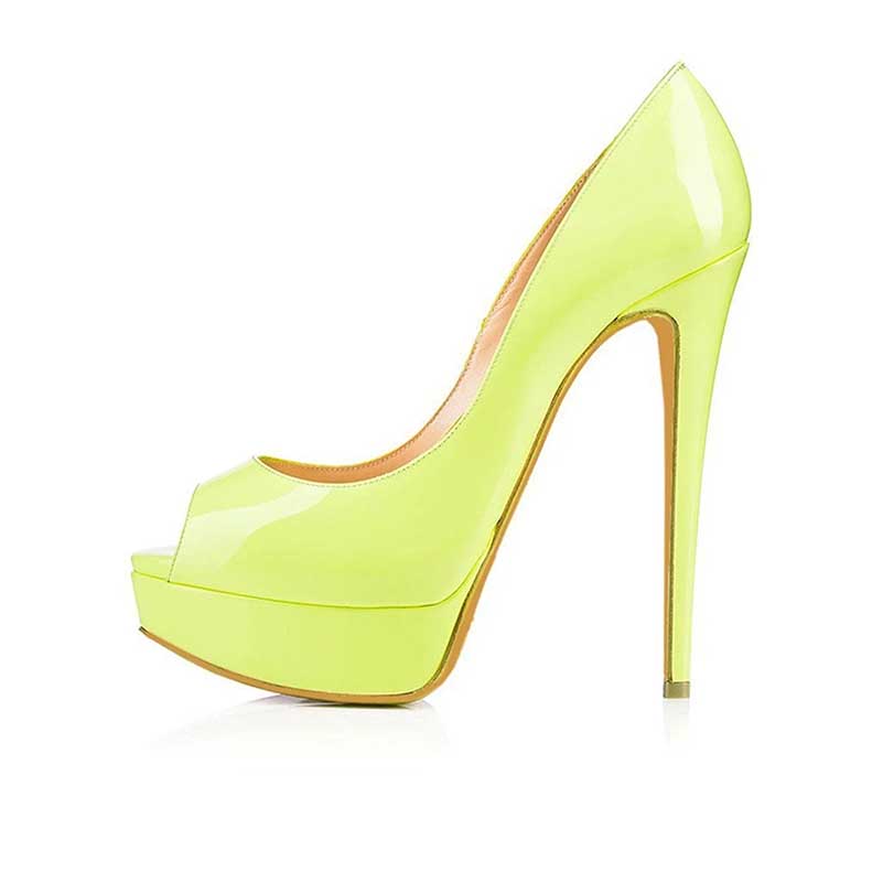 Bright yellow women's platform peep toe pumps with a sleek high heel design for stylish occasions