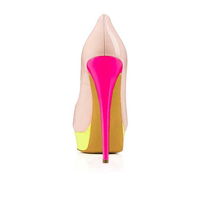 Women's platform peep toe pumps in beige with vibrant pink and yellow accents on the heels