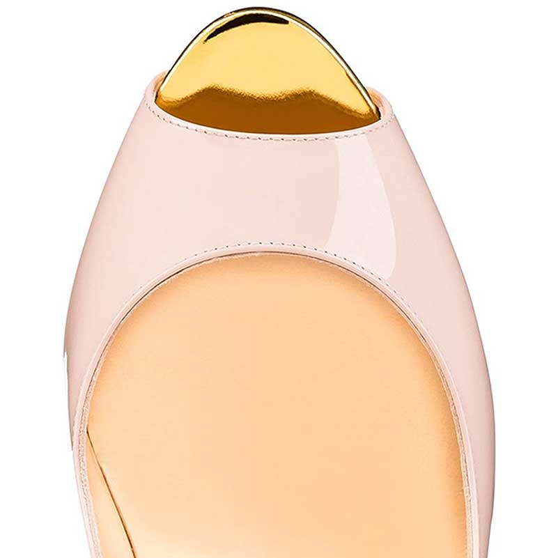 Women's platform peep toe pumps in soft pink with a shiny gold accent