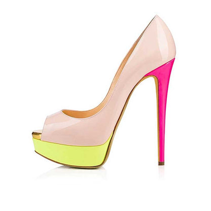 Women's platform peep toe pumps in pink and yellow with stylish high heels for trendy outfits
