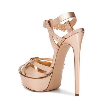 SD Dresscode women's platform stiletto heels in rose gold featuring adjustable straps and a sleek design