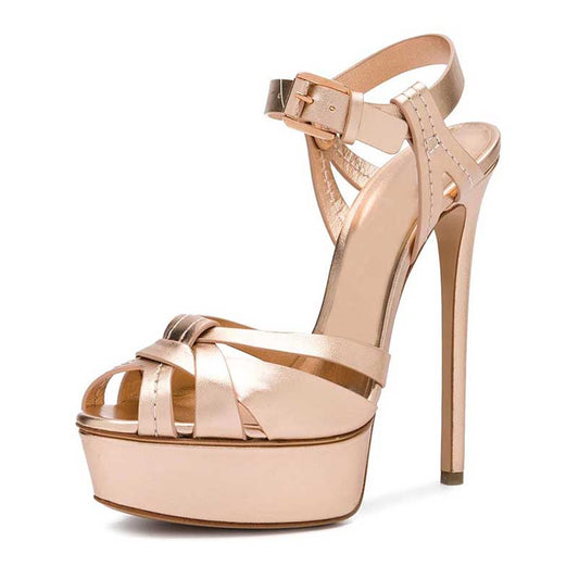 SD Dresscode women's platform stiletto heels in rose gold with trendy crisscross straps