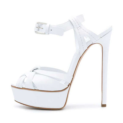 Stylish white women's platform stiletto heels with crisscross straps and high heels for trendy fashion.