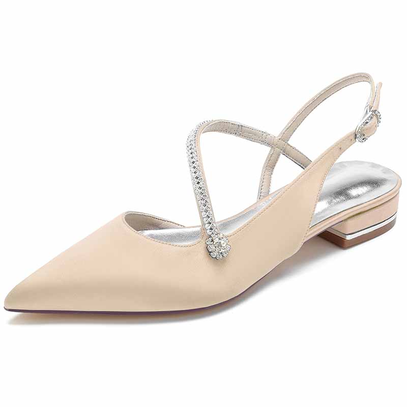 Women's pointed toe party flats in beige with a stylish slingback design and rhinestone detail
