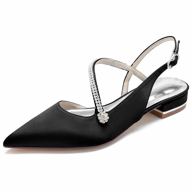 Women's pointed toe party flats in black leather with sparkling strap detail