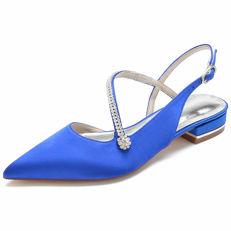 Women's pointed toe party flats in blue satin with sparkling embellishments and slingback design