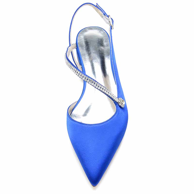 Women's pointed toe party flats in blue satin with a sparkling ankle strap for elegant occasions