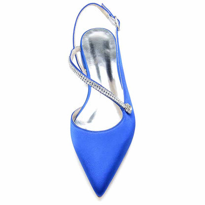Women's pointed toe party flats in blue satin with a sparkling ankle strap for elegant occasions