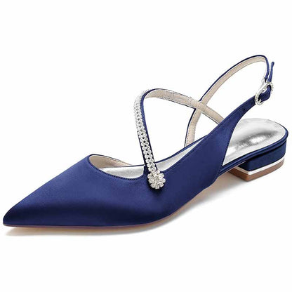 S&DCo. women's pointed toe party flats in navy blue satin with elegant jewel embellishments