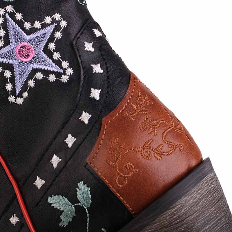 Close-up of women's retro floral cowboy boots featuring vibrant embroidery and unique design details