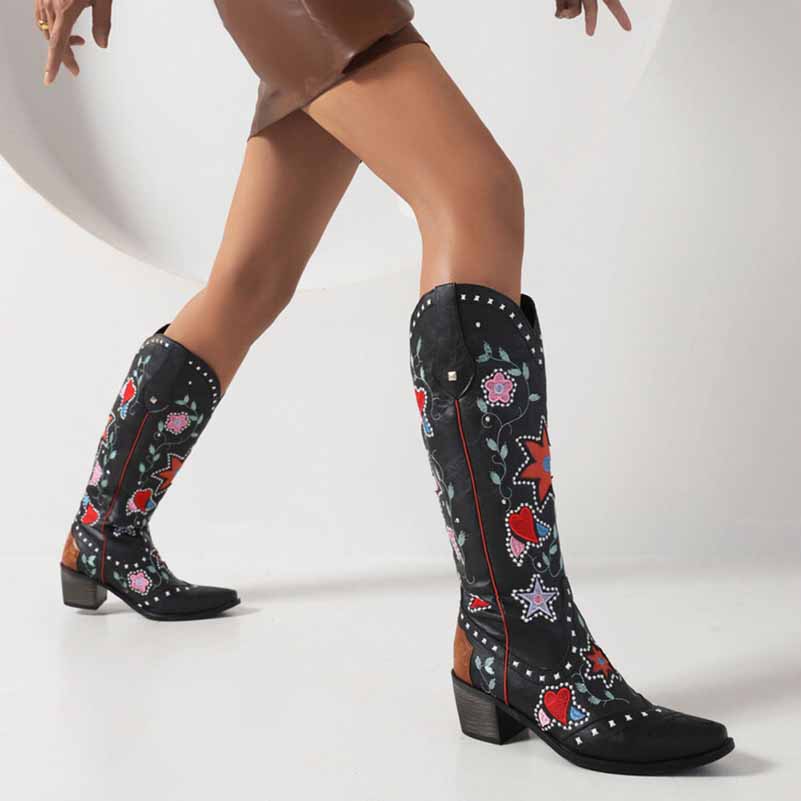 Stylish women's retro floral cowboy boots featuring vibrant floral embroidery and a sleek design