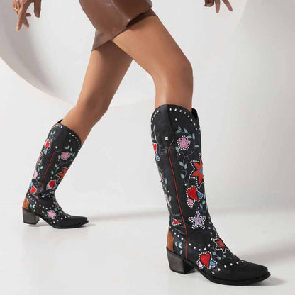 Stylish women's retro floral cowboy boots featuring vibrant floral embroidery and a sleek design