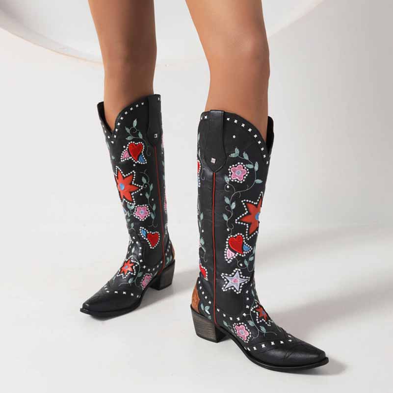 Stylish women's retro floral cowboy boots with colorful embroidery and pointed toe design