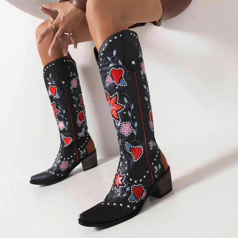 Women's retro floral cowboy boots featuring colorful designs and a stylish silhouette