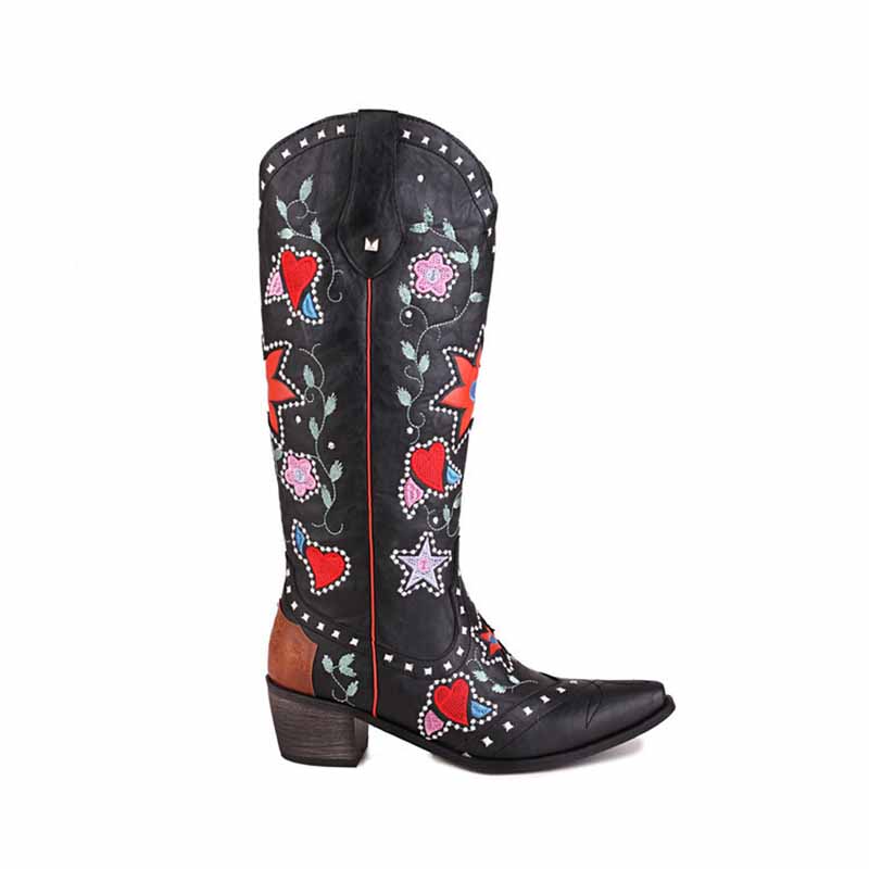 Women's retro floral cowboy boots with colorful designs and a stylish heel for a fashionable look