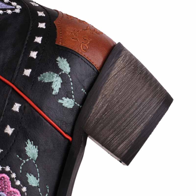 Women's retro floral cowboy boots featuring intricate embroidery and a stylish heel