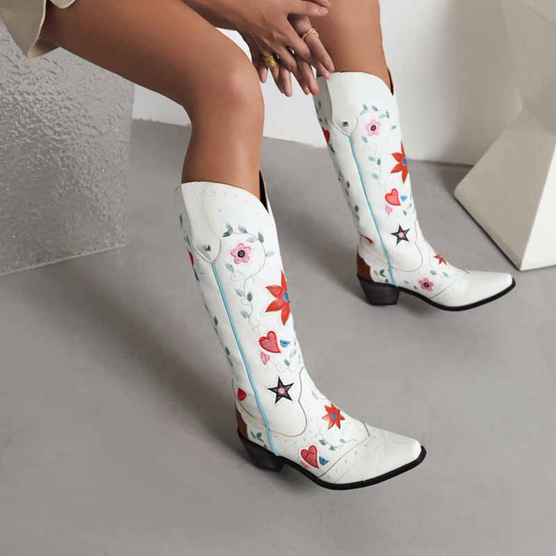 Women's retro floral cowboy boots with colorful embroidered flowers and stars on white leather