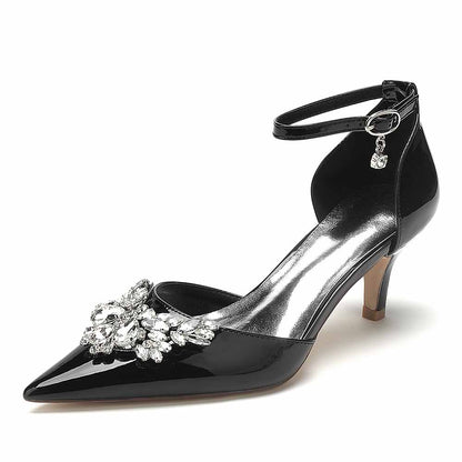 Elegant S&DCo. women's rhinestone bridal heels in black with ankle strap and floral embellishment