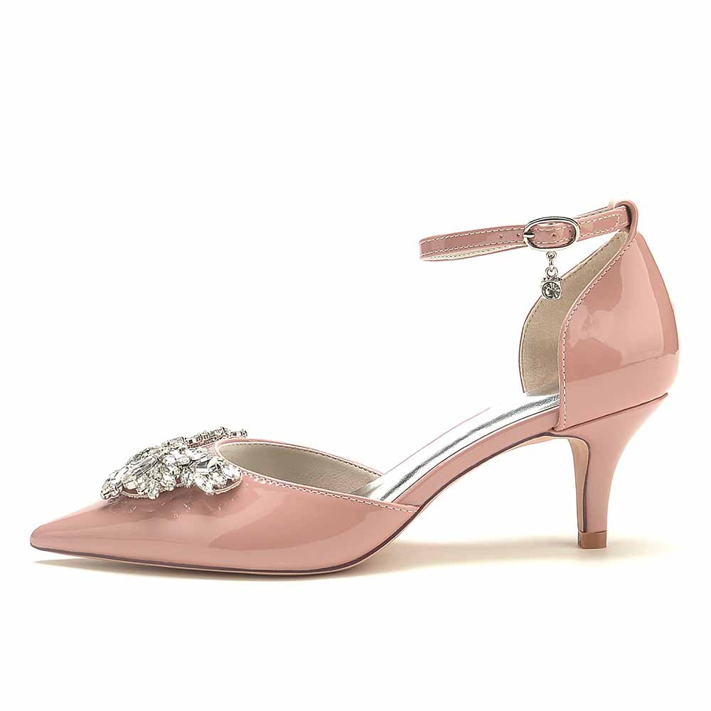 S&DCo. women's rhinestone bridal heels in blush pink with elegant ankle strap and embellished design