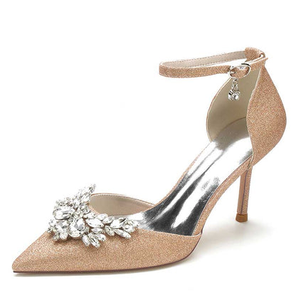 S&DCo. women's rhinestone wedding pumps in gold with elegant ankle strap and decorative embellishments