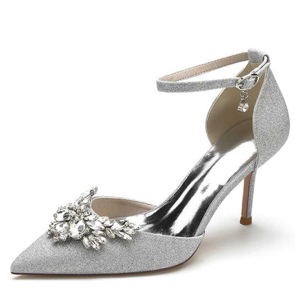 Elegant women's rhinestone wedding pumps with silver sparkle and delicate ankle strap