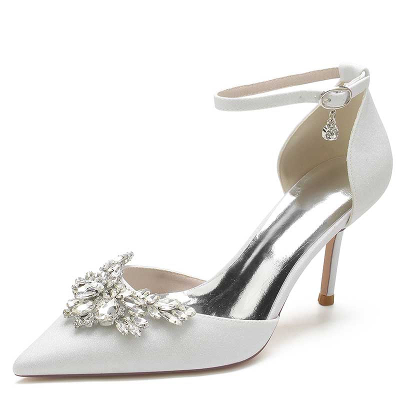 Elegant women's rhinestone wedding pumps with ankle strap and embellished floral design