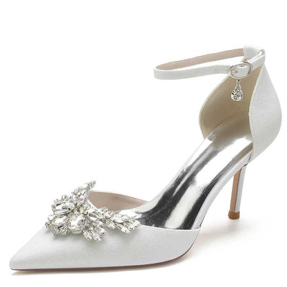 Elegant women's rhinestone wedding pumps with ankle strap and embellished floral design