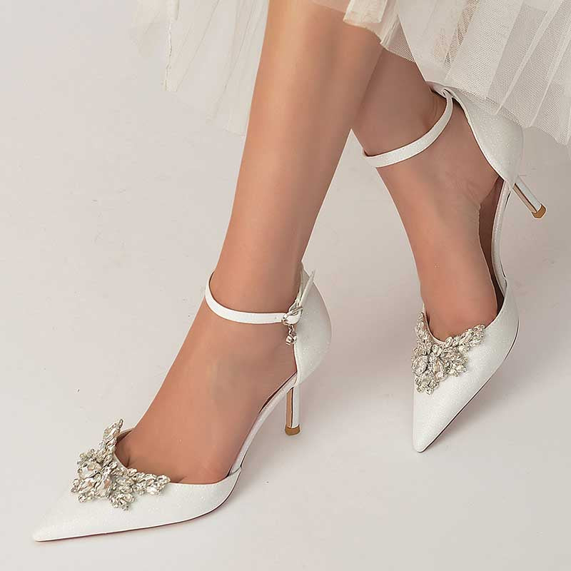 Elegant women's rhinestone wedding pumps with ankle strap and decorative embellishments