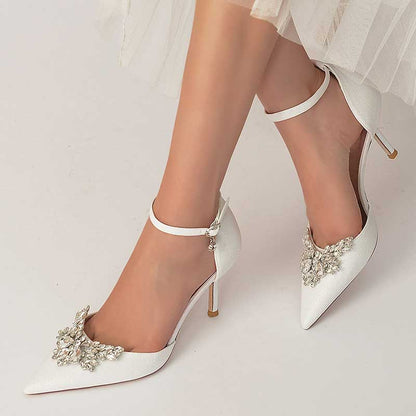 Elegant women's rhinestone wedding pumps with ankle strap and decorative embellishments