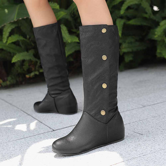 SD-HK women's round toe wedge boots in black with decorative buttons for stylish comfort