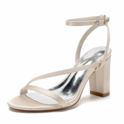 S&DCo. women's satin block heel sandals with elegant straps and a stylish metallic finish