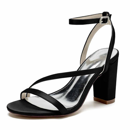 S&DCo. women's satin block heel sandals in black with ankle strap and stylish design
