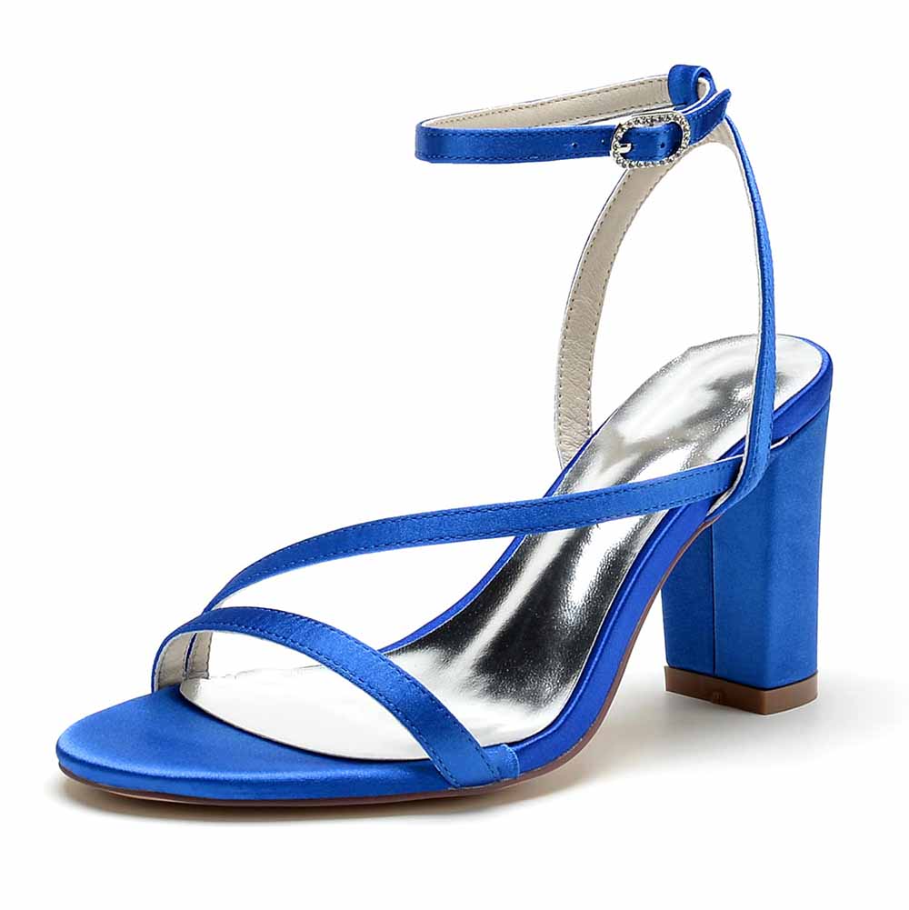S&DCo. women's satin block heel sandals in blue with ankle strap and stylish design