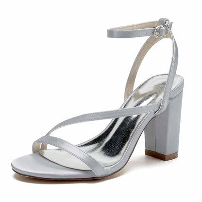 S&DCo. women's satin block heel sandals in gray with stylish straps and a sturdy heel