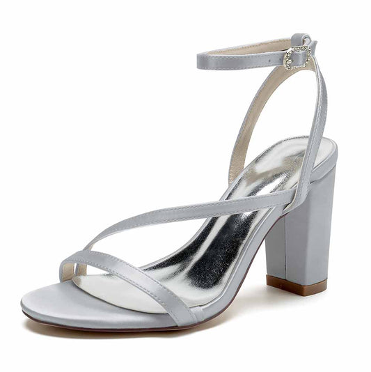 S&DCo. women's satin block heel sandals in gray with stylish straps and a sturdy heel