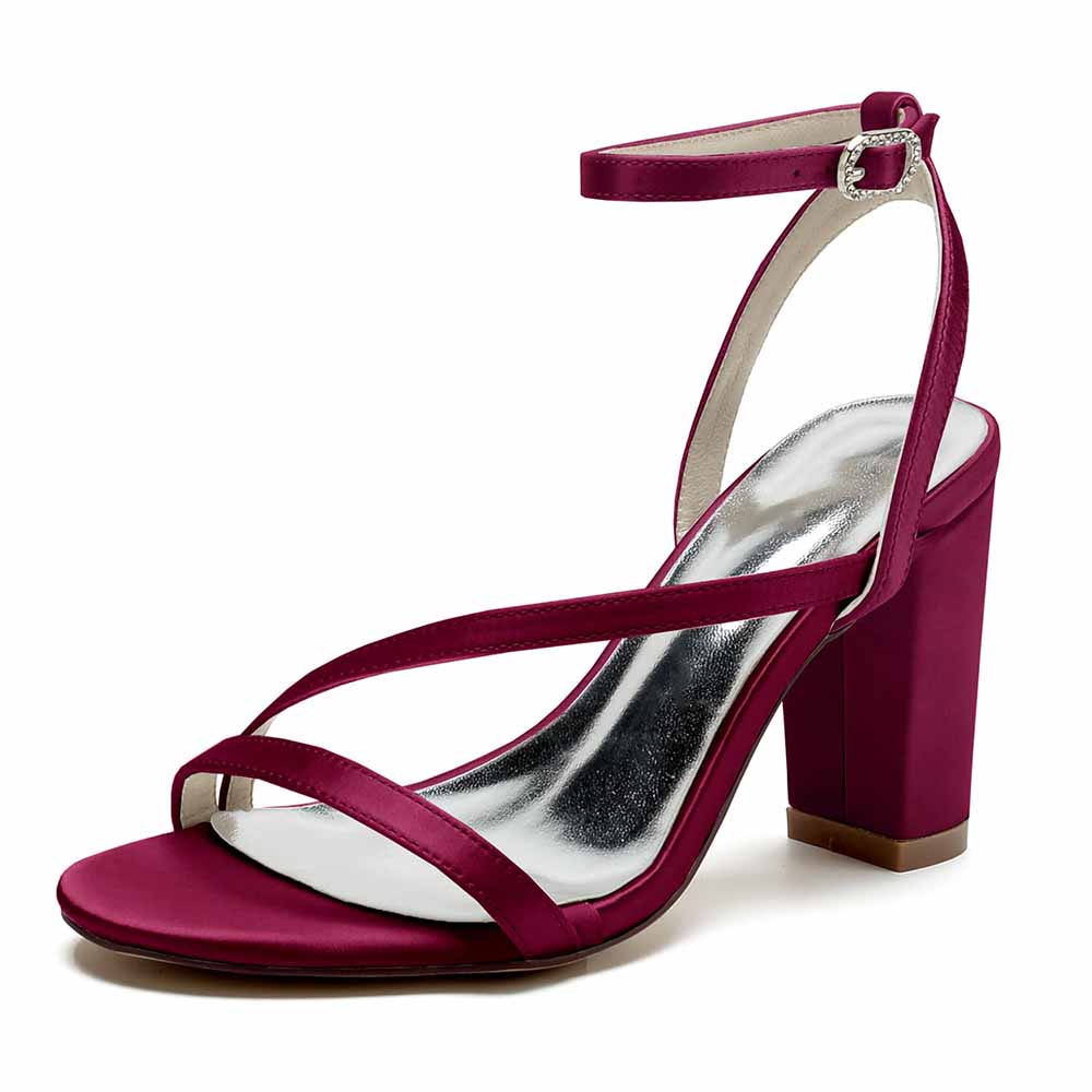 Elegant women's satin block heel sandals in burgundy with ankle strap and stylish design