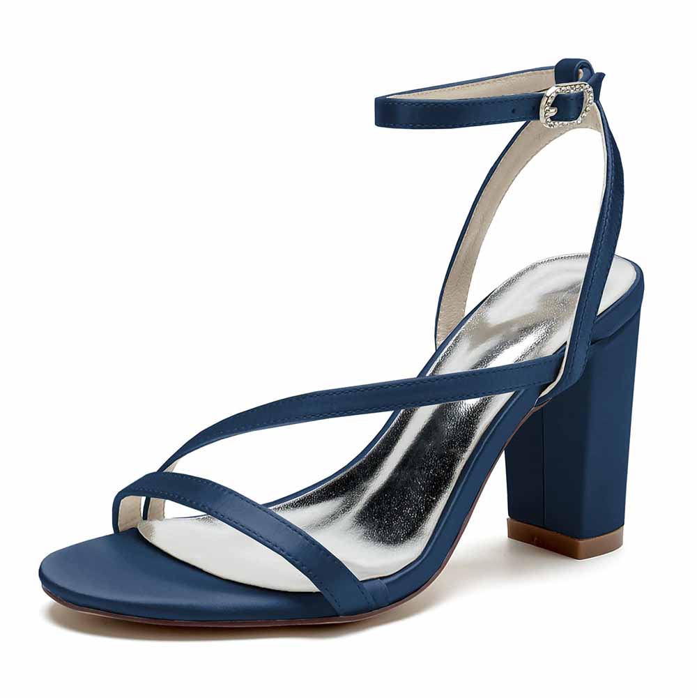 S&DCo. women's satin block heel sandals in navy blue with a stylish ankle strap and comfortable heel