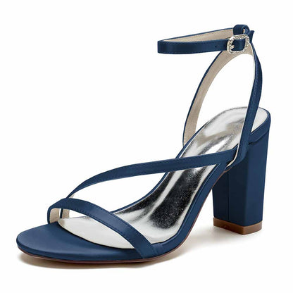 S&DCo. women's satin block heel sandals in navy blue with a stylish ankle strap and comfortable heel