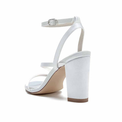 S&DCo. women's satin block heel sandals in white with adjustable ankle strap for elegant comfort