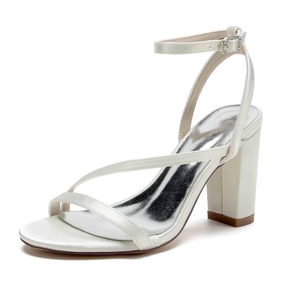 Elegant S&DCo. women's satin block heel sandals in white with sleek ankle strap design