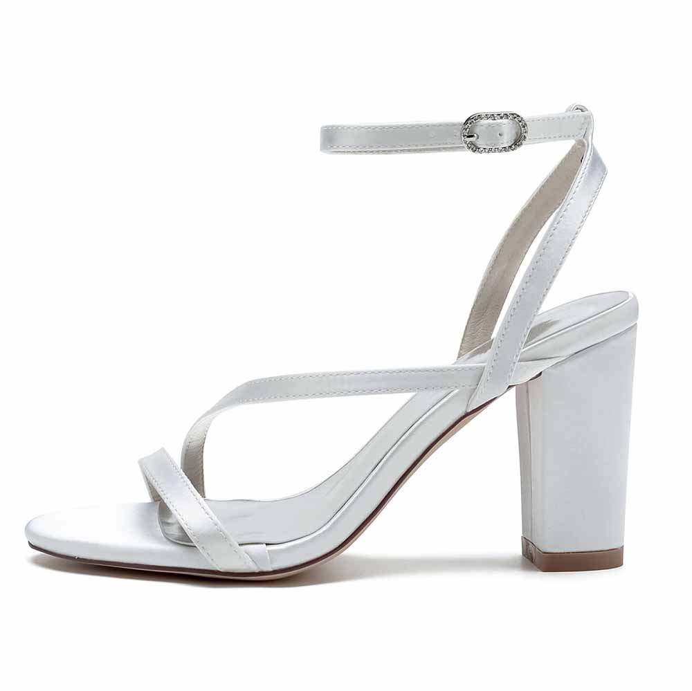 S&DCo. women's satin block heel sandals in white with elegant ankle strap for special occasions