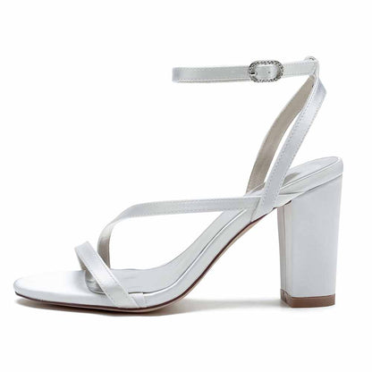 S&DCo. women's satin block heel sandals in white with elegant ankle strap for special occasions