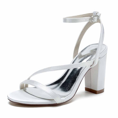 White women's satin block heel sandals with ankle strap and stylish design for elegance and comfort