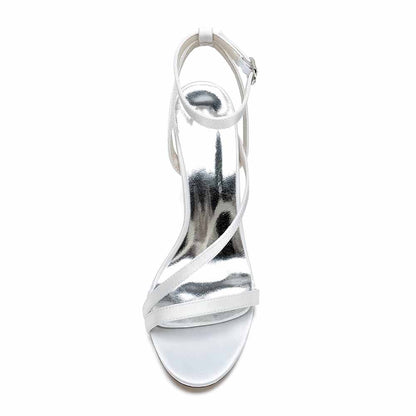 S&DCo. women's satin block heel sandals in white with sleek straps and a comfortable design