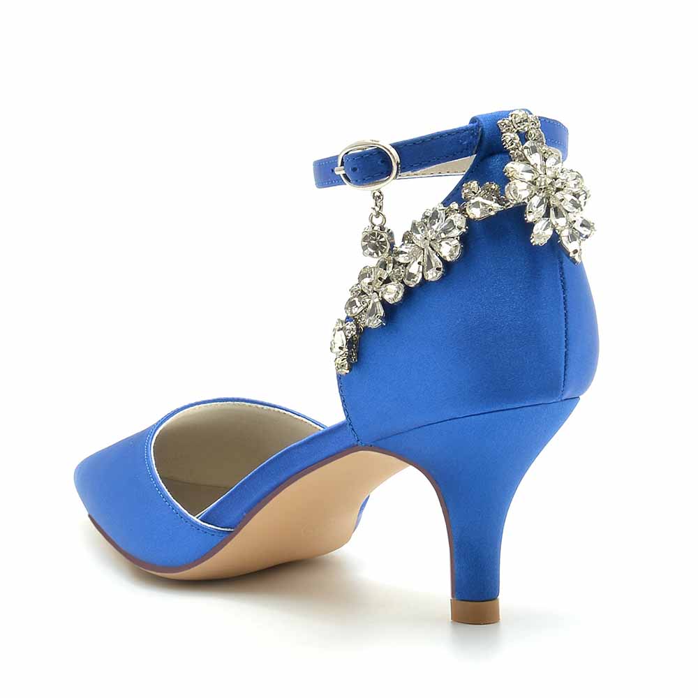 Women's satin bridal heels in blue with decorative flower embellishments on the ankle strap