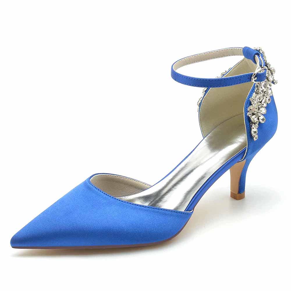 Women's satin bridal heels in blue with ankle strap and decorative embellishments