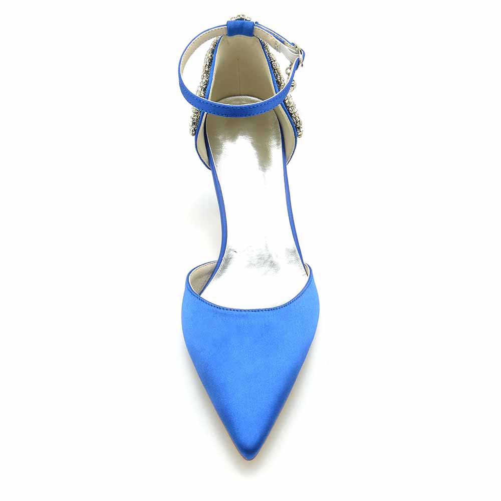 Women's satin bridal heels in elegant blue with ankle strap and stylish design